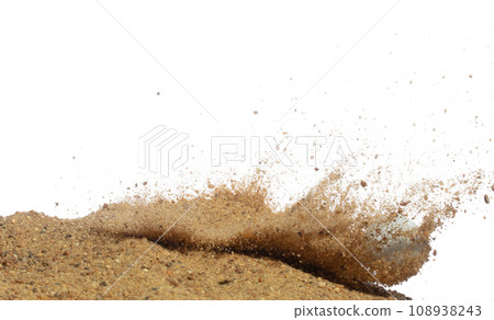 Golf ball explode from sand bunker. Golfer hit ball with club to sand explosion to green. Golf club hit ball in sand bunker explosion. White background isolated freeze motion 108938243
