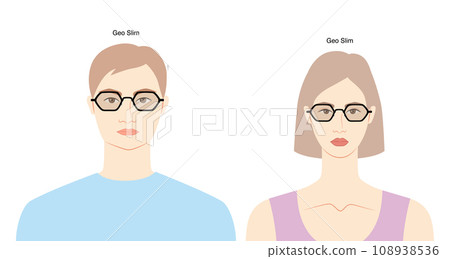 Geo Slim frame glasses on women and men flat character fashion accessory illustration. Sunglass front view unisex Geo Slim frame glasses on women and men flat character fashion accessory illustration. Sunglass front view unisex 108938536