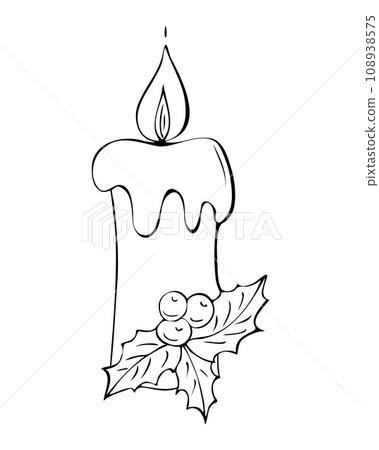 Candle with Christmas holiday decoration with Poinsettia star. The art of drawing outline doodles. For Christmas card. 108938575