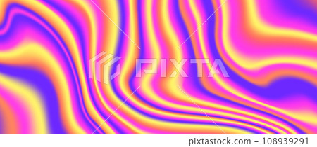 Psychedelic iridescent background. Bright neon holographic wallpaper. Purple pink orange yellow wavy fluid gradient texture. Abstract acid trippy backdrop for banner, poster, brochure, overlay. Vector Psychedelic iridescent background. Bright neon holographic wallpaper. Purple pink orange yellow wavy fluid gradient texture. Abstract acid trippy backdrop for banner, poster, brochure, overlay. Vector 108939291