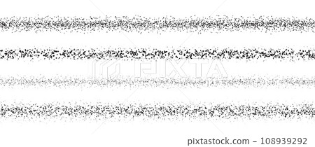 Repeating stippled stroke set. Grain dotted brush lines collection. Grunge sprinkle spray texture pack. Dirty dust sand noise horizontal elements. Splattered dotted stripes or dividers. Vector bundle 108939292