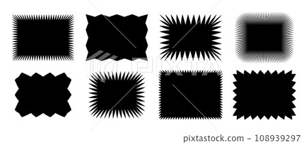 Zig zag edge rectangle shape collection. Jagged square elements set. Black graphic design element pack for decoration, banner, poster, template, sticker, badge, label, tag, flyer. Vector bundle 108939297