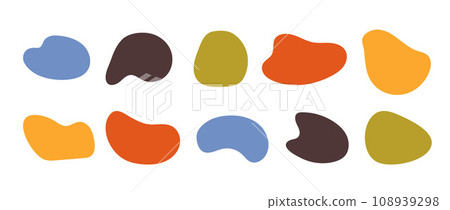 Abstract organic shapes collection. Irregular liquid forms set. Colorful amoeba blobs, blotches, drops or stains bundle. Different design elements for label, sticker, banner, tag, collage. Vector pack 108939298