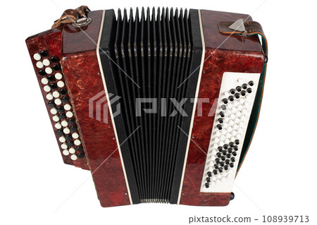 Small retro bayan (accordion). Folk musical instrument. 108939713