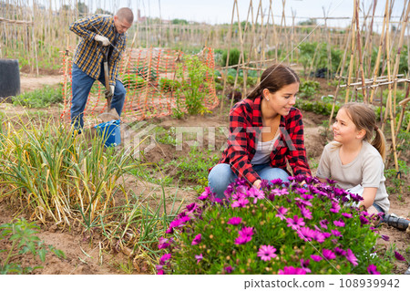 Daughter helps her mother take care of flowers in garden Daughter helps her mother take care of flowers in garden 108939942