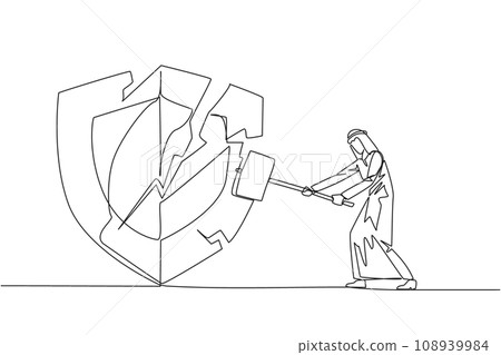 Single one line drawing Arab businessman preparing to hit shield. Rampage. System is undermined by business competitors. Unfair competition. Virus attack. Continuous line design graphic illustration Single one line drawing Arab businessman preparing to hit shield. Rampage. System is undermined by business competitors. Unfair competition. Virus attack. Continuous line design graphic illustration 108939984