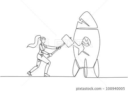 Continuous one line drawing businesswoman preparing to hit a standing rocket. Rampage. Not ready to accept new technology. Not ready for competition. Lost. Single line draw design vector illustration Continuous one line drawing businesswoman preparing to hit a standing rocket. Rampage. Not ready to accept new technology. Not ready for competition. Lost. Single line draw design vector illustration 108940005