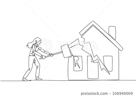 Single continuous line drawing businesswoman preparing to hit miniature house. Metaphor of house as collateral for payment. Business fails. Home is gone. Bankrupt. One line design vector illustration 108940009