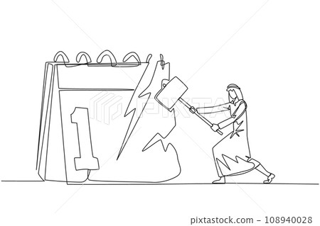 Single one line drawing Arab businessman preparing to hit the big desk calendar. Very angry expression. Lots of deadlines, holiday schedules become messy. Continuous line design graphic illustration Single one line drawing Arab businessman preparing to hit the big desk calendar. Very angry expression. Lots of deadlines, holiday schedules become messy. Continuous line design graphic illustration 108940028