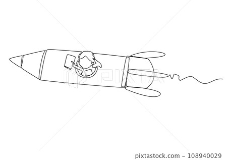 Single continuous line drawing girl flying on a rocket reading book. Always reading books anywhere. The book inspires to become a scientist. Book festival concept. One line design vector illustration Single continuous line drawing girl flying on a rocket reading book. Always reading books anywhere. The book inspires to become a scientist. Book festival concept. One line design vector illustration 108940029