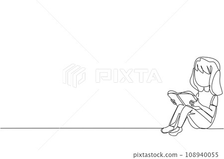 Continuous one line drawing smart girl sitting while reading book. Read books alone to focus on studying. The fast learner. Book festival concept. Happy reading. Single line draw vector illustration Continuous one line drawing smart girl sitting while reading book. Read books alone to focus on studying. The fast learner. Book festival concept. Happy reading. Single line draw vector illustration 108940055
