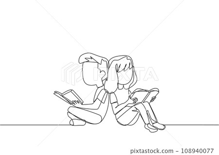 Continuous one line drawing kids sitting reading book. The new hobby of reading books helps to relax. One book one day. Good habits. Book festival concept. Single line draw design vector illustration 108940077