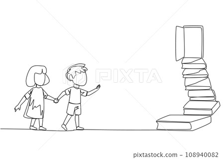 Continuous one line drawing kids climb the stairs from the book stack. Towards the wide open door. Metaphor of finding answers from books. Book festival. Single line draw design vector illustration Continuous one line drawing kids climb the stairs from the book stack. Towards the wide open door. Metaphor of finding answers from books. Book festival. Single line draw design vector illustration 108940082
