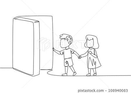 Single one line drawing the kids open the book-shaped door. Books can open mind and see everywhere. Increase knowledge about the wider world. Book festival. Continuous line design graphic illustration Single one line drawing the kids open the book-shaped door. Books can open mind and see everywhere. Increase knowledge about the wider world. Book festival. Continuous line design graphic illustration 108940083