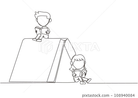 Continuous one line drawing a tent made of books. The kids reading the adventure fiction books in the wild. Addicted to reading. Book festival concept. Single line draw design vector illustration Continuous one line drawing a tent made of books. The kids reading the adventure fiction books in the wild. Addicted to reading. Book festival concept. Single line draw design vector illustration 108940084