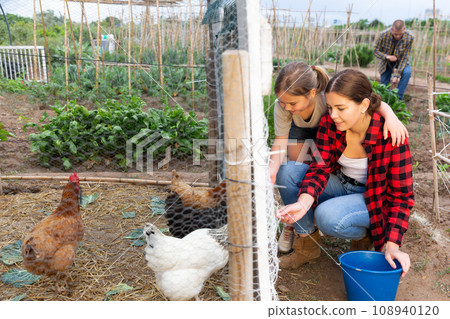 Mom and her daughter feed chickens in chicken coop in backyard of country house Mom and her daughter feed chickens in chicken coop in backyard of country house 108940120