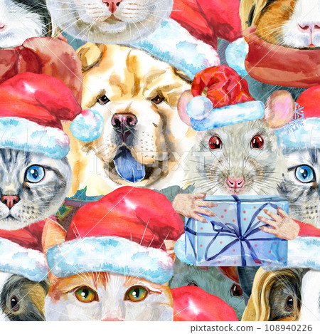 Seamless pattern of of dog, guinea pig, cat, mini pig and rat. Watercolor pets illustration. Watercolor hand drawn illustration Seamless pattern of of dog, guinea pig, cat, mini pig and rat. Watercolor pets illustration. Watercolor hand drawn illustration 108940226