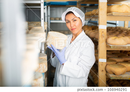 Woman in white uniform examining quality of cheese in ripening room 108940291