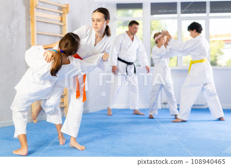 Two girls training judo techniques in studio 108940465