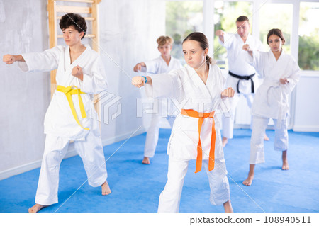 Children students repeat position and perform sequence of punches and painful techniques kata 108940511