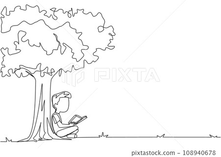 Single continuous line drawing boy sitting reading a book under shady tree. Continuing the second volume of the fiction story book. Enjoy reading. Book festival. One line design vector illustration Single continuous line drawing boy sitting reading a book under shady tree. Continuing the second volume of the fiction story book. Enjoy reading. Book festival. One line design vector illustration 108940678