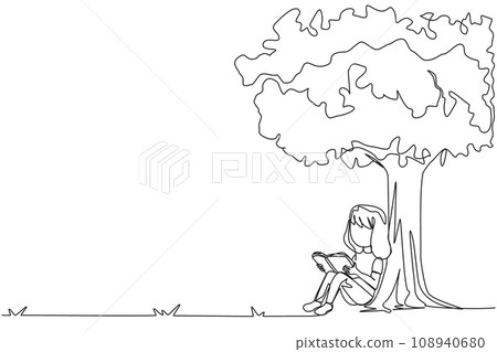 Single one line drawing girl sitting reading a book under shady tree. Continuing the second volume of the fiction story book. Enjoy reading. Book festival. Continuous line design graphic illustration Single one line drawing girl sitting reading a book under shady tree. Continuing the second volume of the fiction story book. Enjoy reading. Book festival. Continuous line design graphic illustration 108940680