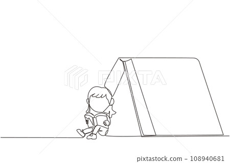 Continuous one line drawing girl sitting in front of a large tent-shaped book. Reading the adventure fiction books in the wild. Addicted to reading. Book fest. Single line design vector illustration Continuous one line drawing girl sitting in front of a large tent-shaped book. Reading the adventure fiction books in the wild. Addicted to reading. Book fest. Single line design vector illustration 108940681