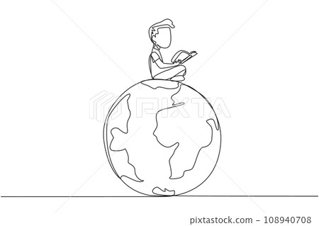 Single one line drawing happy boy sitting on big globe reading a book. The metaphor of reading can reach the world. Read everywhere. Book festival concept. Continuous line design graphic illustration Single one line drawing happy boy sitting on big globe reading a book. The metaphor of reading can reach the world. Read everywhere. Book festival concept. Continuous line design graphic illustration 108940708
