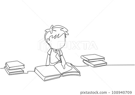 Continuous one line drawing boy who really like reading. Everyday one book is read. Good habit. There is no day without reading book. Book festival concept. Single line draw design vector illustration Continuous one line drawing boy who really like reading. Everyday one book is read. Good habit. There is no day without reading book. Book festival concept. Single line draw design vector illustration 108940709