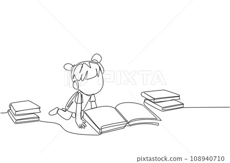 Single one line drawing girls reading books happily. Good reading interest. Really enjoy reading story books. Reading everywhere. Book festival concept. Continuous line design graphic illustration Single one line drawing girls reading books happily. Good reading interest. Really enjoy reading story books. Reading everywhere. Book festival concept. Continuous line design graphic illustration 108940710