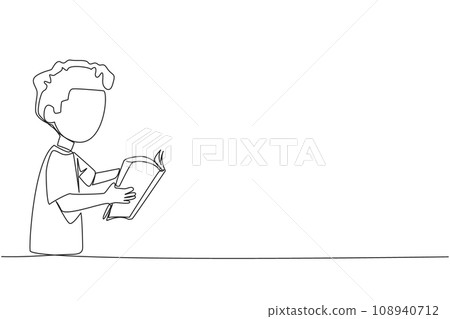 Single one line drawing boy are very focused on reading a book. Reading fiction story books during school holidays. Book festival concept. Very good habit. Continuous line design graphic illustration Single one line drawing boy are very focused on reading a book. Reading fiction story books during school holidays. Book festival concept. Very good habit. Continuous line design graphic illustration 108940712