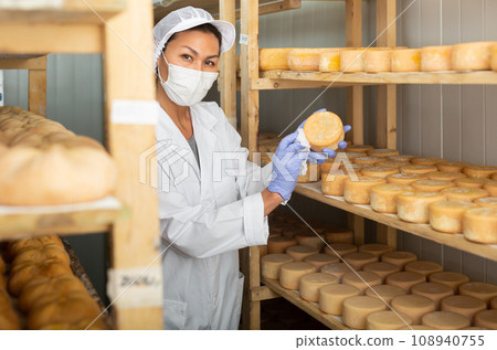 Woman in white coat and mask controlling maturing of cheese wheels 108940755
