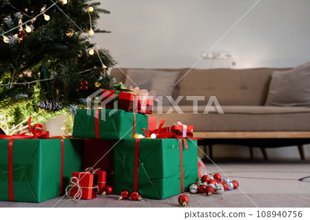 Christmas theme decorated living room. Lifestyle Christmas season family house interior. Traditional Christmas decorations background 108940756