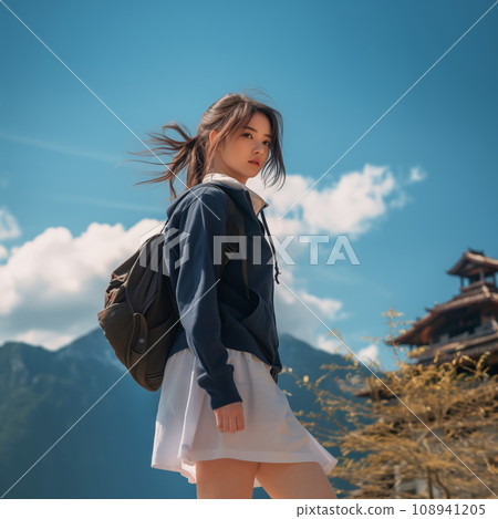High school girl climbing with her school bag under the blue sky 108941205