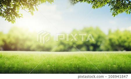 Green lawn and trees background with copyspace. Nature background concept. Generative AI Green lawn and trees background with copyspace. Nature background concept. Generative AI 108941847
