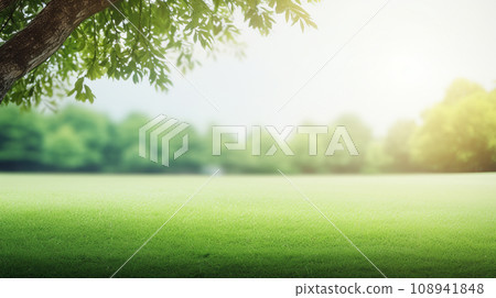 Green lawn and trees background with copyspace. Nature background concept. Generative AI 108941848