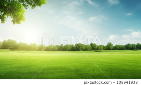 Green lawn and trees background with copyspace. Nature background concept. Generative AI 108941939