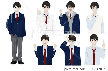 Various expressions and poses of high school boys wearing uniforms 108942054