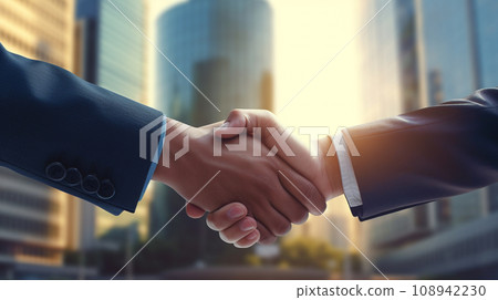 Businessman handshake on blur background with sun light. Business Concept. Generative AI Businessman handshake on blur background with sun light. Business Concept. Generative AI 108942230