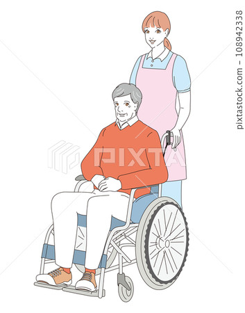 Senior man being pushed in a wheelchair by a caregiver Senior man being pushed in a wheelchair by a caregiver 108942338