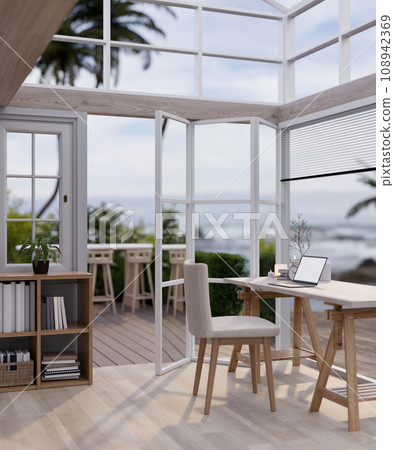 A laptop mockup on a table in a beautiful minimalist coffee shop with high glass ceiling and wall. A laptop mockup on a table in a beautiful minimalist coffee shop with high glass ceiling and wall. 108942369