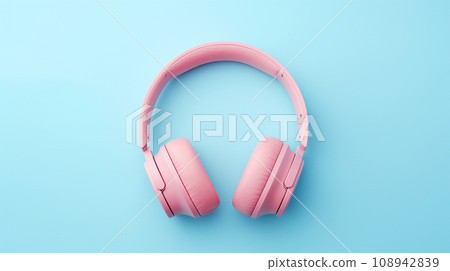 Pink wireless Over-Ear Headphones on blue pastel background. generative AI 108942839