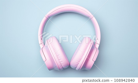 Pink wireless Over-Ear Headphones on blue pastel background. generative AI 108942840
