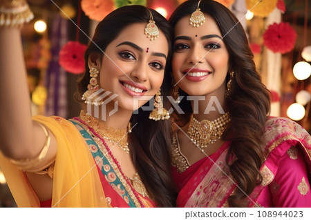 Two beautiful Indian woman selfie while wearing clothes Diwali festival celebration Generative AI 108944023