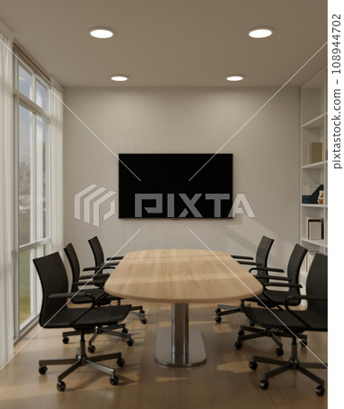 Interior design of a modern, minimal meeting room with meeting table and TV screen on the wall. 108944702