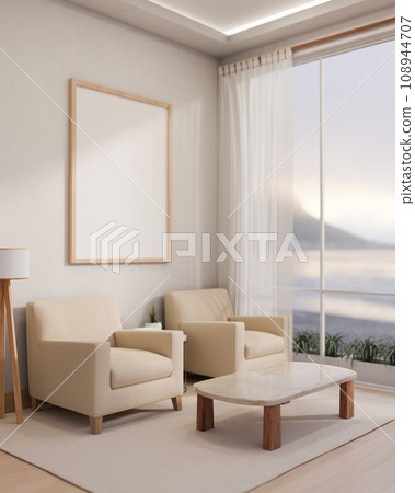 Comfortable cozy minimal living room with beige sofa and coffee table near large window. Comfortable cozy minimal living room with beige sofa and coffee table near large window. 108944707