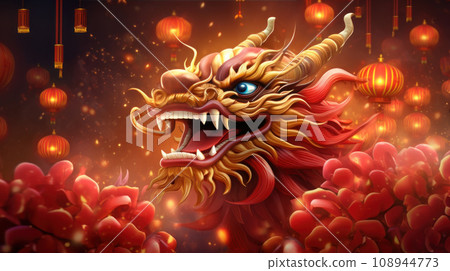illustration of A Dragon Golden Chinese New Year, red background 108944773
