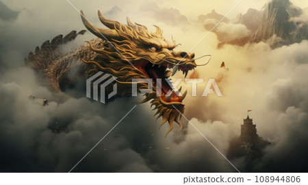 A Dragon Golden Chinese on the mountains foggy Clouds 108944806
