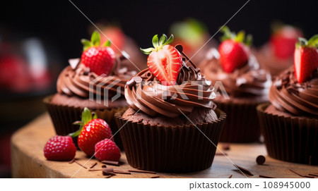 Strawberry cupcakes with chocolate frosting and fresh strawberries Strawberry cupcakes with chocolate frosting and fresh strawberries 108945000