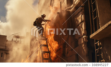 A fireman climbs a ladder and sprays water to put out fires in the ruins of buildings from wartime explosions in the city A fireman climbs a ladder and sprays water to put out fires in the ruins of buildings from wartime explosions in the city 108945227